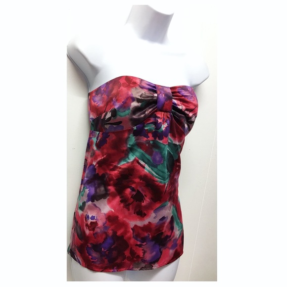 Ann Taylor Loft | Silk Strapless Satin Floral Top - Picture 2 of 7